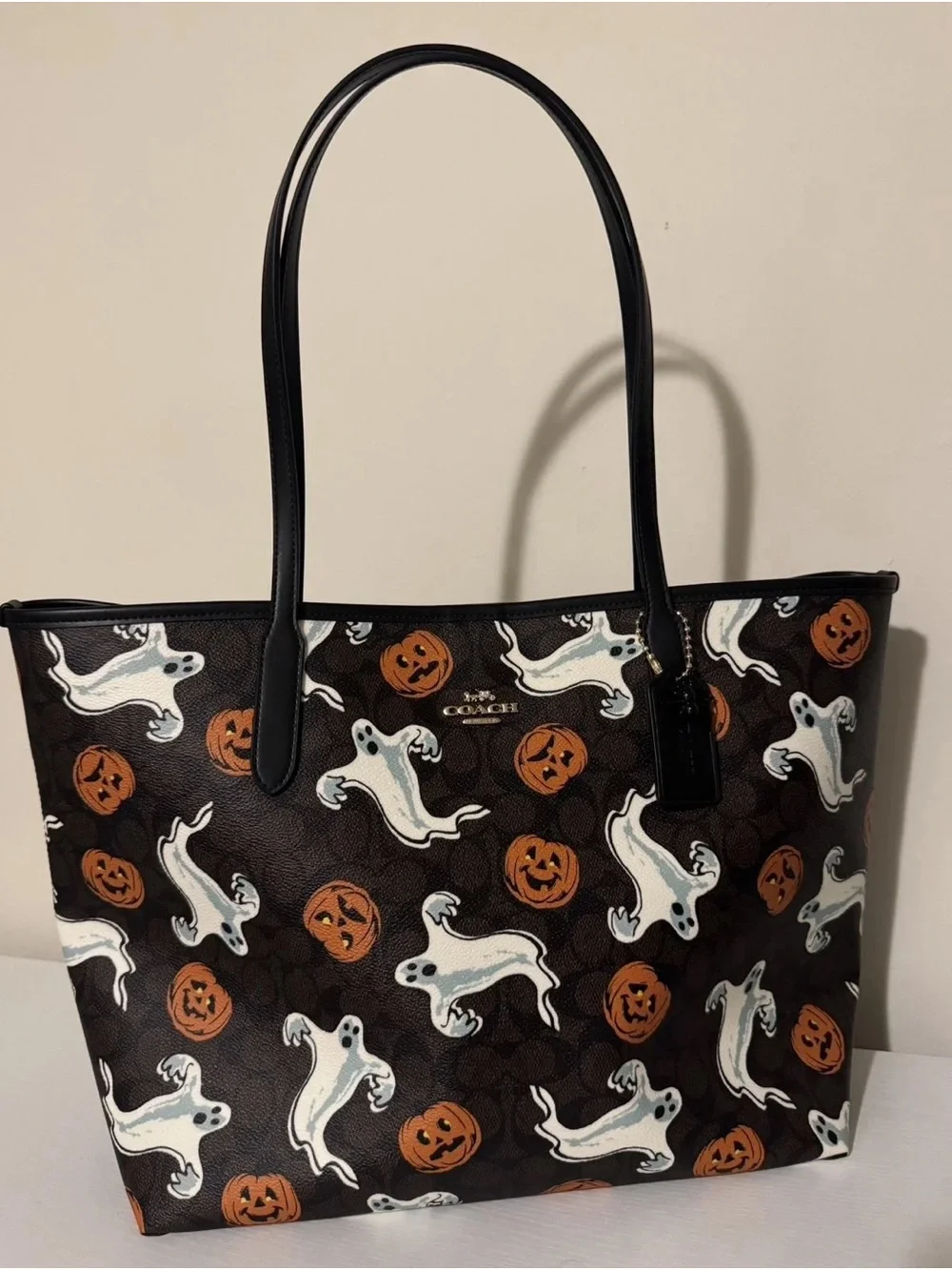 Halloween Ghost & Pumpkin Tote Bag in Black and White - Picture 3 of 4